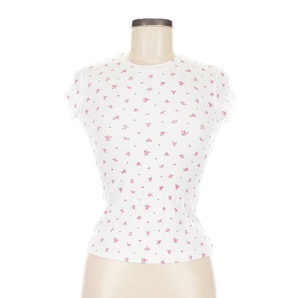 Skims Soft Lounge Lace T-shirt Neon Orchid Rose Print Ribbed Short Sleeve Rose - Picture 2 of 7